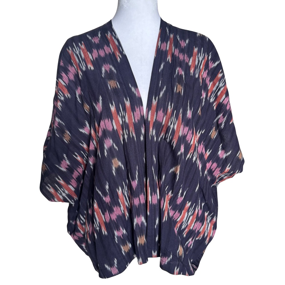 LOFT Boho Ikat Tribal Print Kimono Cardigan Navy Pink Orange XS Excellent